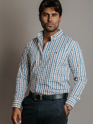 Camisa Hombre Casual Líneas Azul Cielo Melón y Café