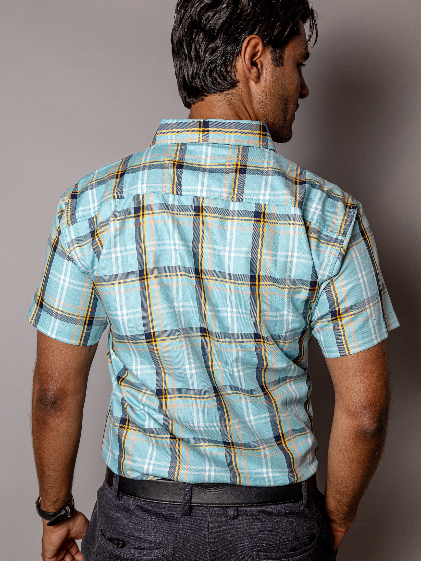 Camisa Casual Hombre, Azul Cielo Líneas Blanca, Amarilla Y Negro