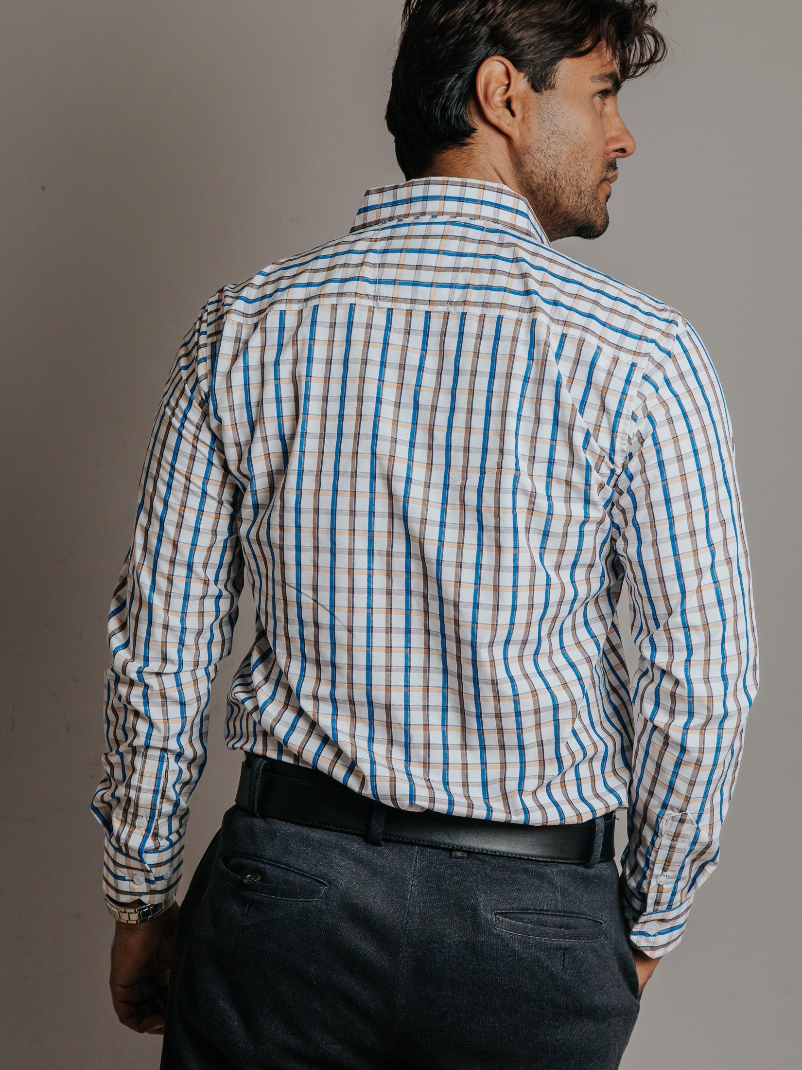 Camisa Hombre Casual Líneas Azul Cielo Melón y Café