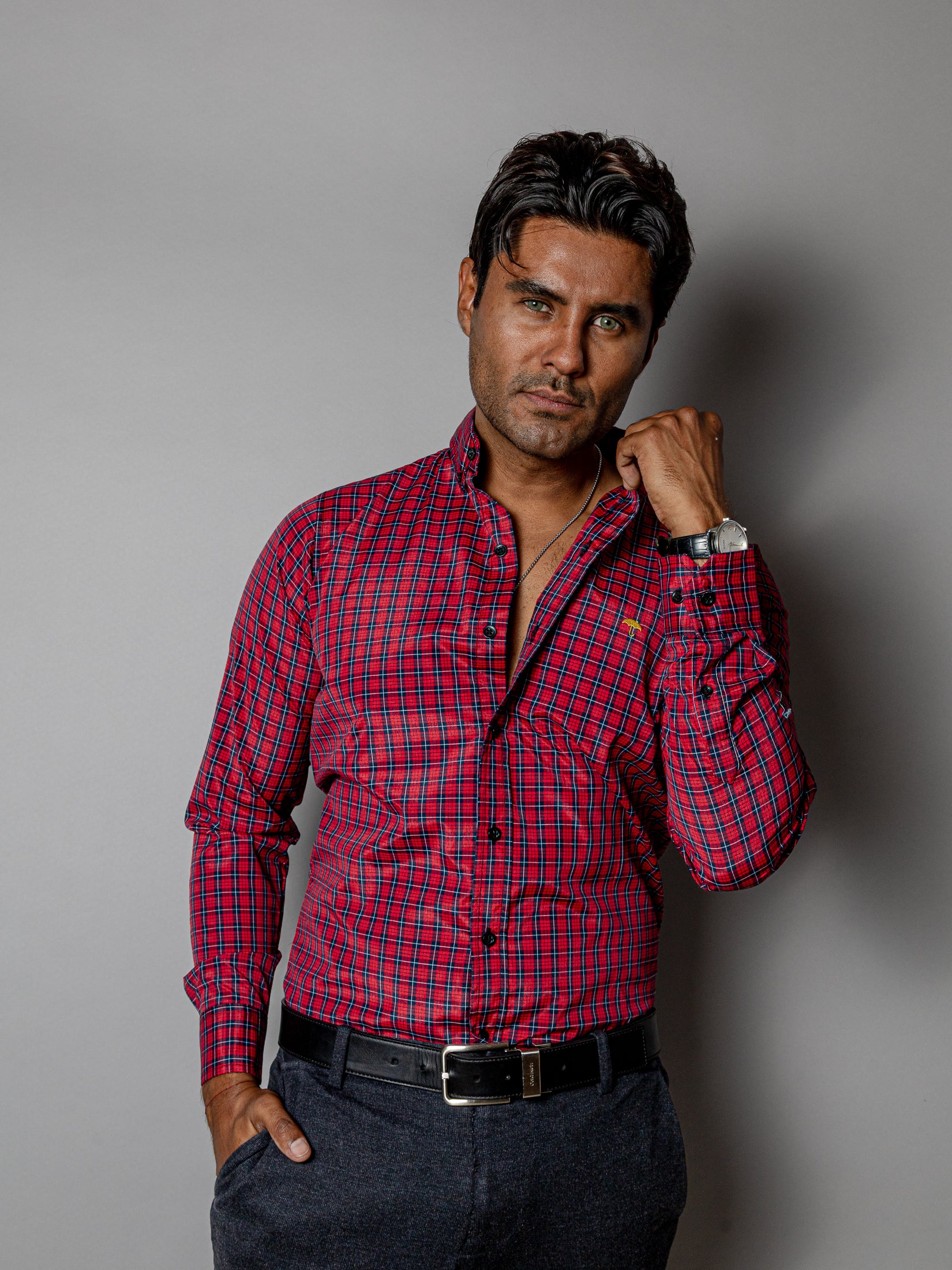 Camisa Casual Hombre,roja Microcuadro Azul Marino - Tiendas Platino Camisas Hombre 34 (S)