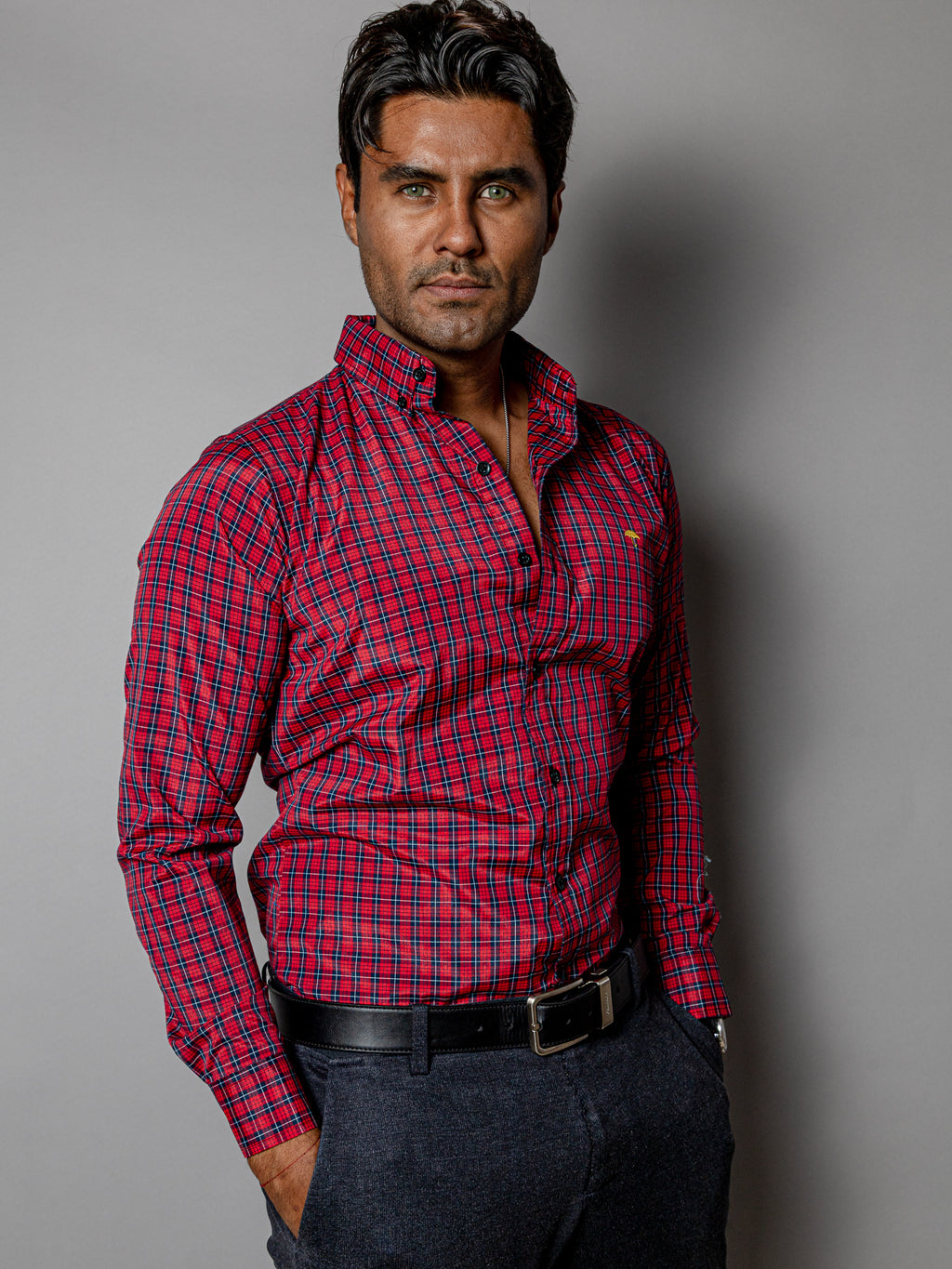 Camisa Casual Hombre,roja Microcuadro Azul Marino - Tiendas Platino Camisas Hombre 34 (S)