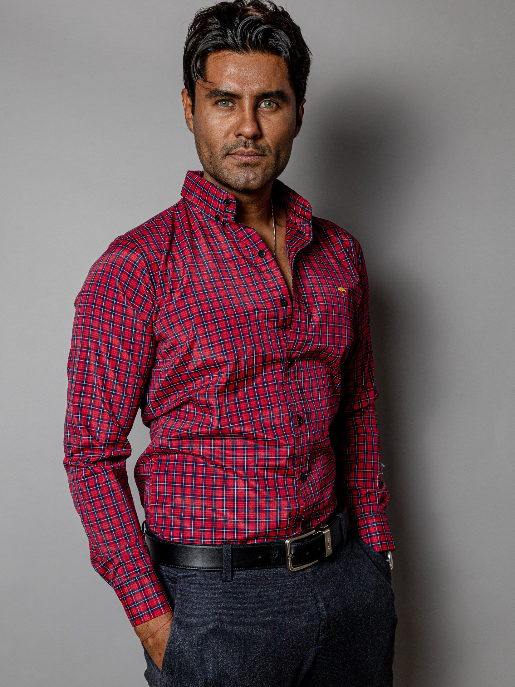 Camisa Casual Hombre,roja Microcuadro Azul Marino - Tiendas Platino Camisas Hombre 34 (S)