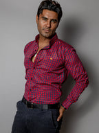 Camisa Casual Hombre,roja Microcuadro Azul Marino - Tiendas Platino Camisas Hombre 34 (S)