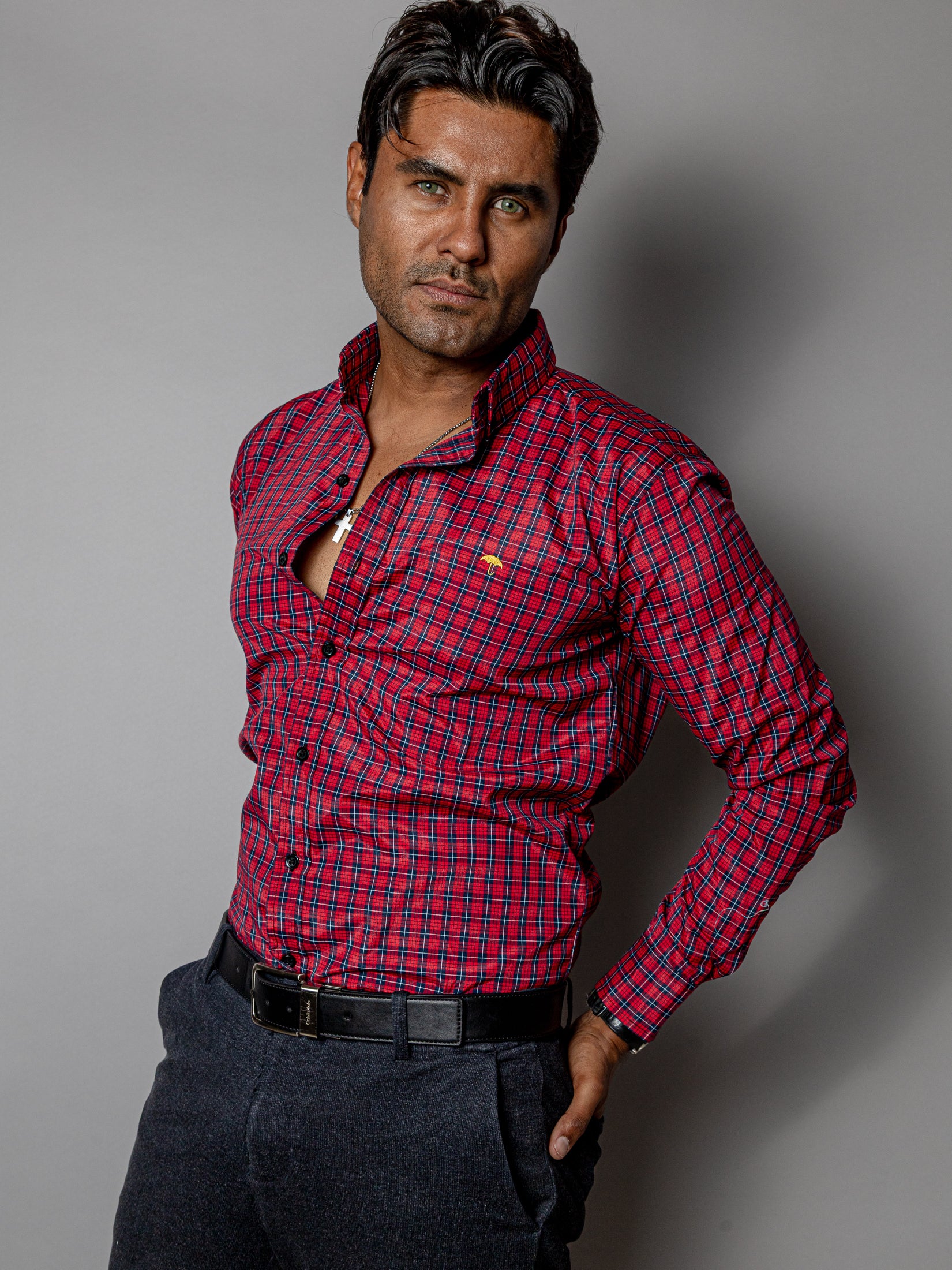 Camisa Casual Hombre,roja Microcuadro Azul Marino - Tiendas Platino Camisas Hombre 34 (S)