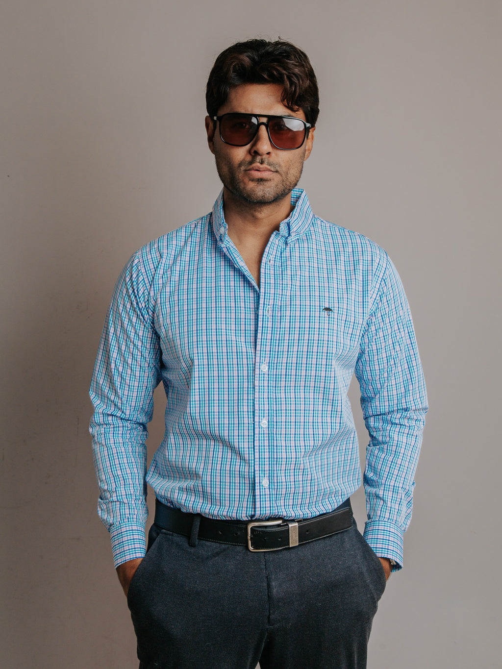 Camisa Hombre Casual Microcuadro Rosa Turquesa y Azul