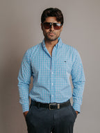 Camisa Hombre Casual Microcuadro Rosa Turquesa y Azul