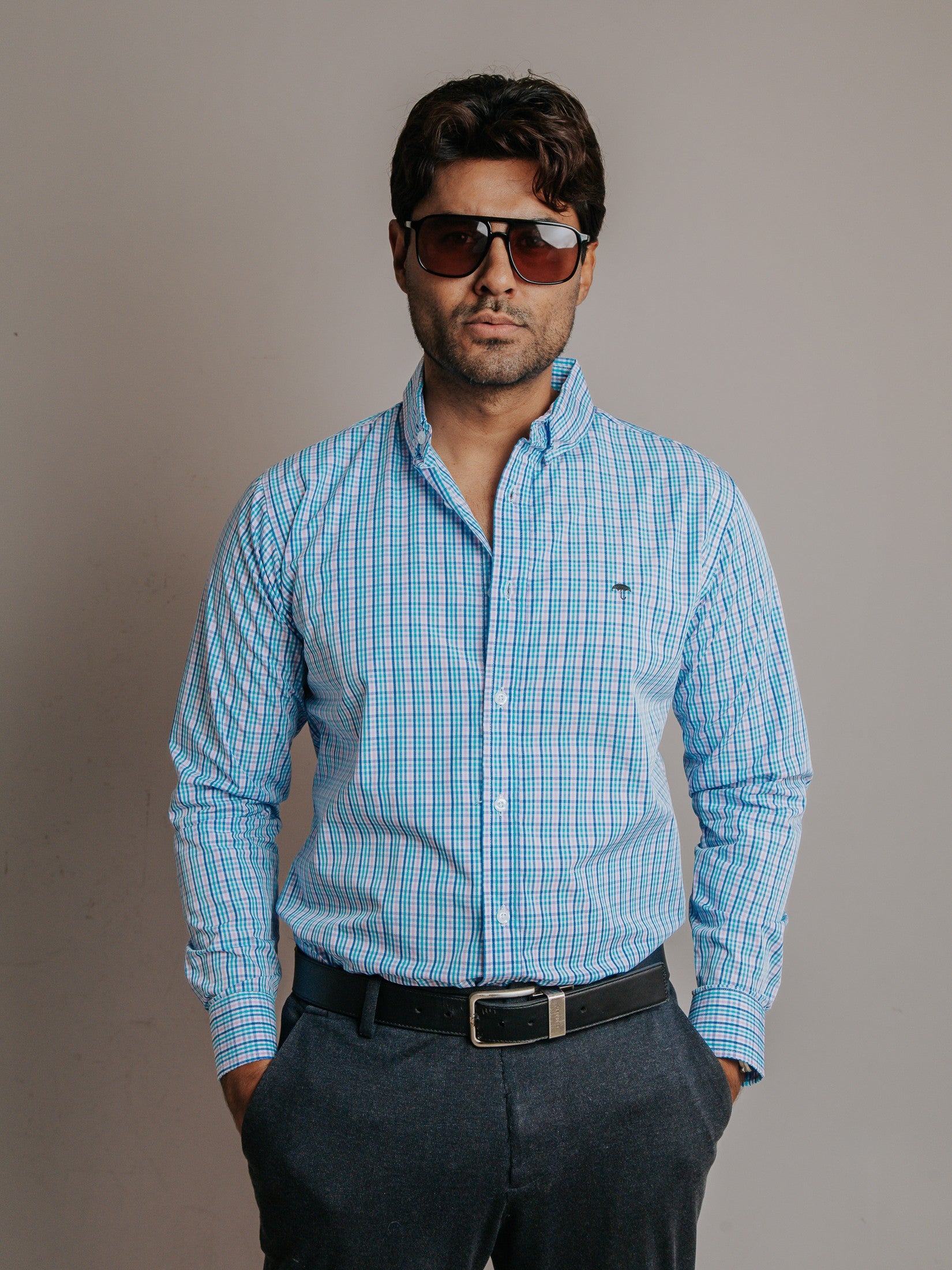 Camisa Hombre Casual Microcuadro Rosa Turquesa y Azul