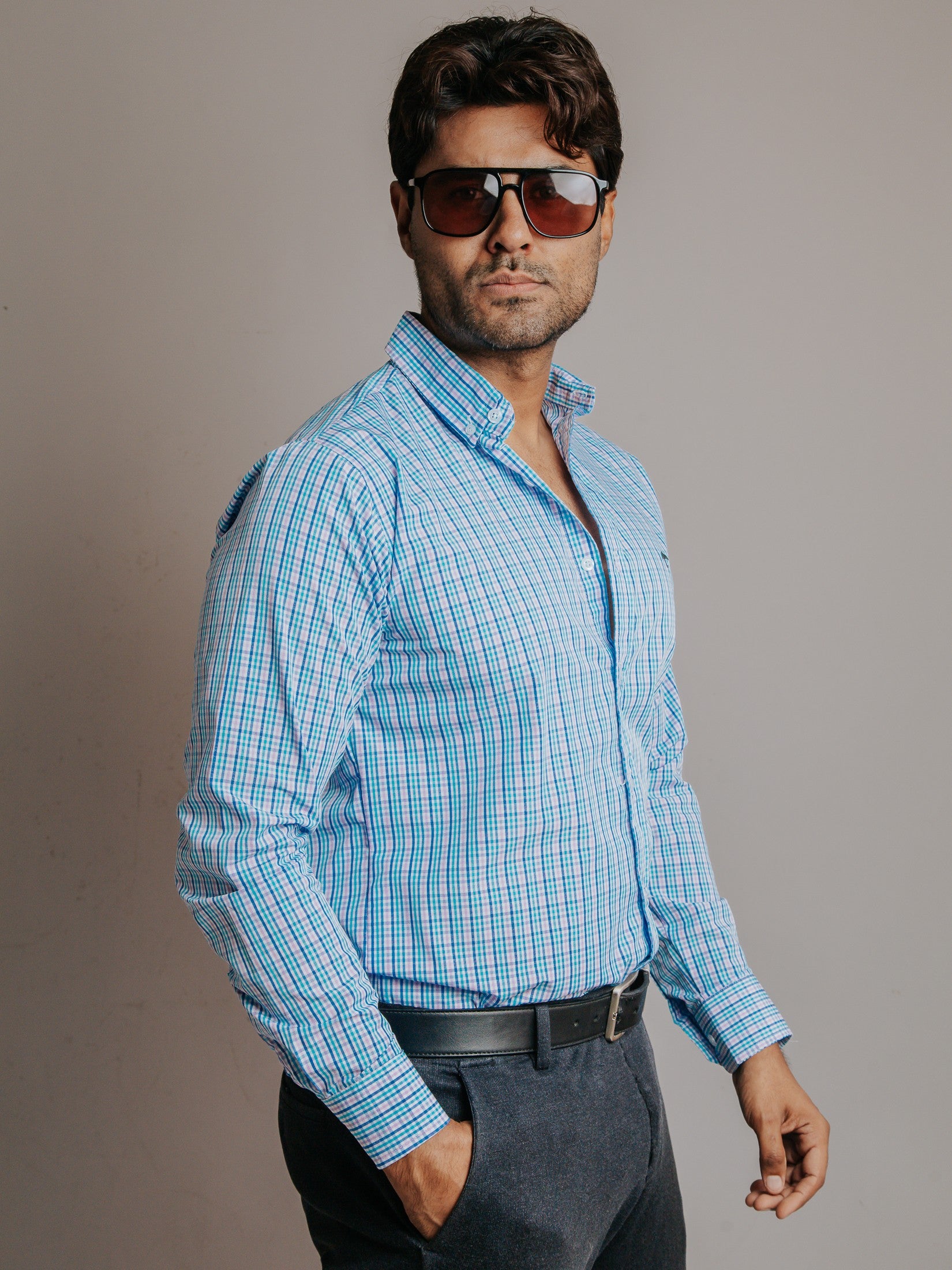 Camisa Hombre Casual Microcuadro Rosa Turquesa y Azul