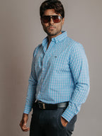 Camisa Hombre Casual Microcuadro Rosa Turquesa y Azul