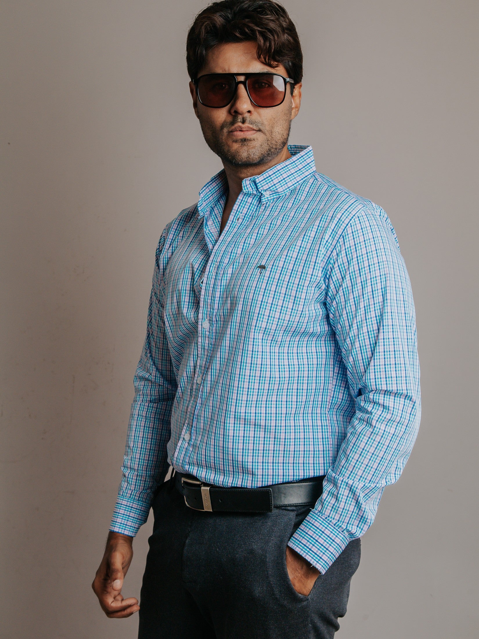 Camisa Hombre Casual Microcuadro Rosa Turquesa y Azul