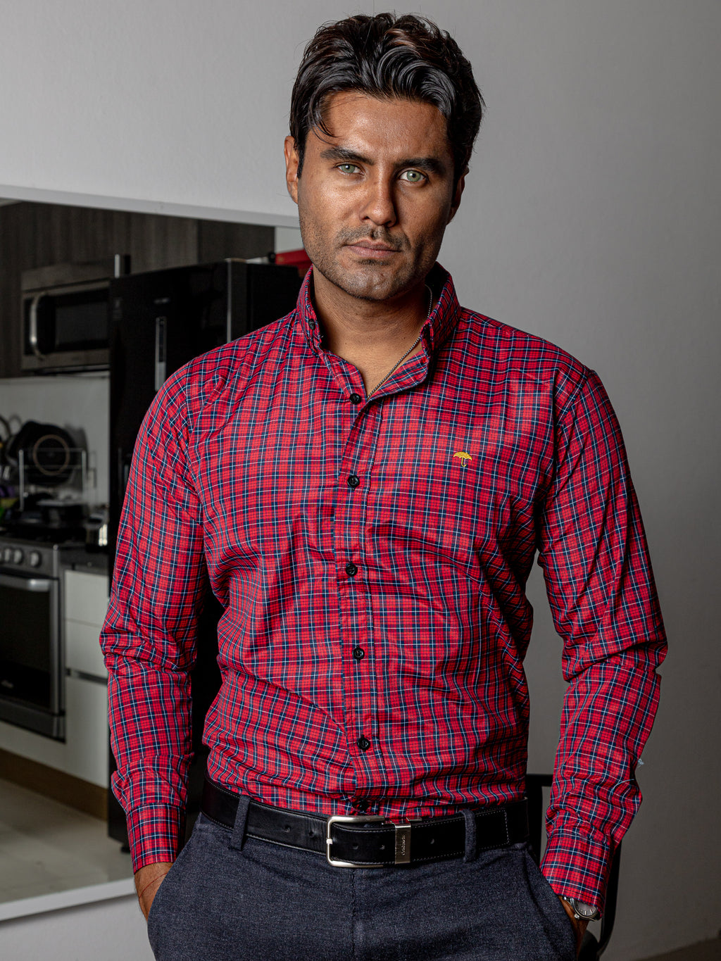 Camisa Casual Hombre,roja Microcuadro Azul Marino - Tiendas Platino Camisas Hombre 34 (S)