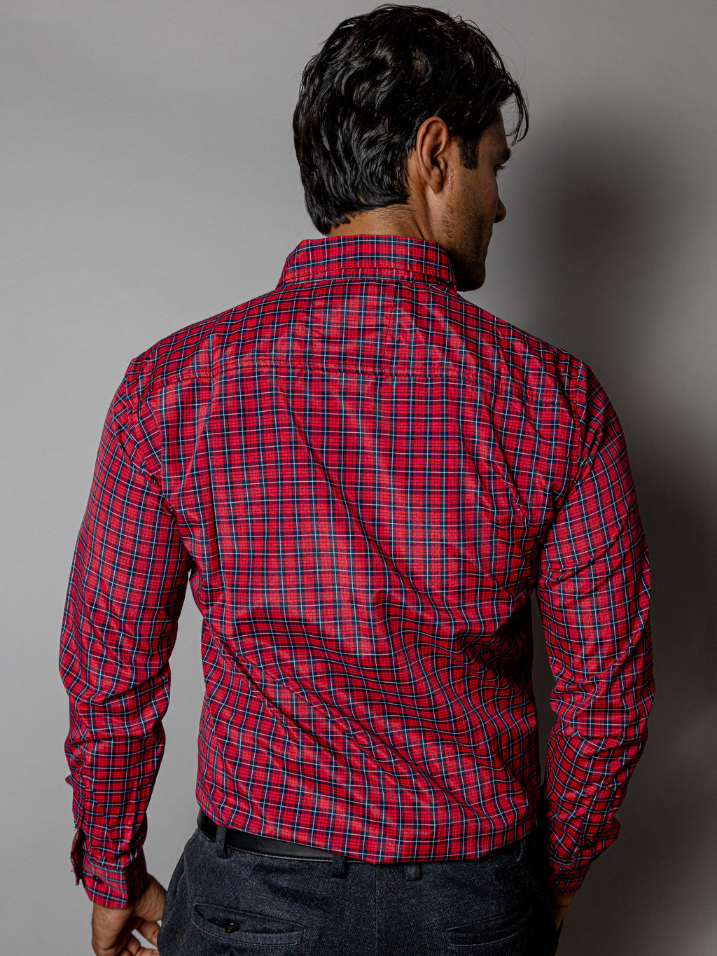 Camisa Casual Hombre,roja Microcuadro Azul Marino - Tiendas Platino Camisas Hombre 34 (S)