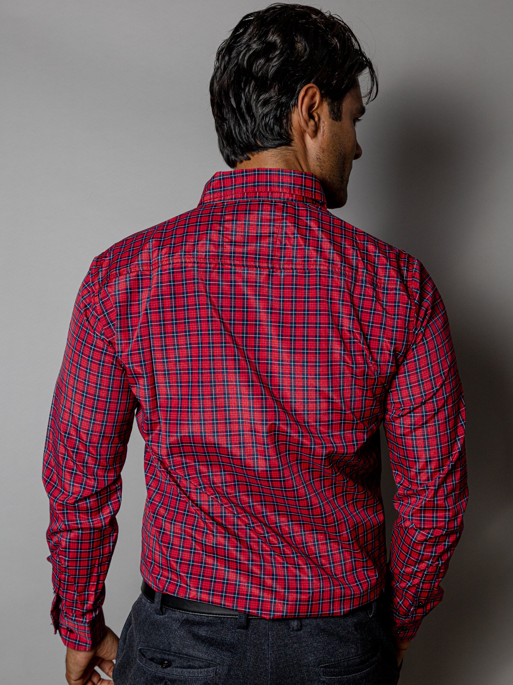 Camisa Casual Hombre,roja Microcuadro Azul Marino - Tiendas Platino Camisas Hombre 34 (S)