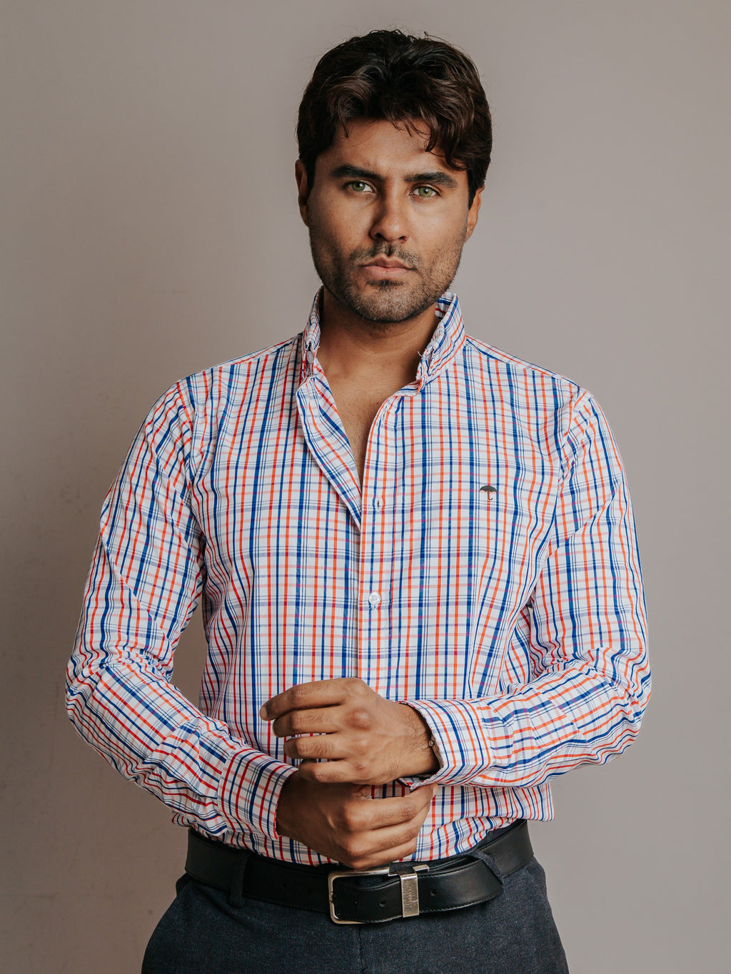 Camisa Hombre Casual Líneas Azul y Rojo