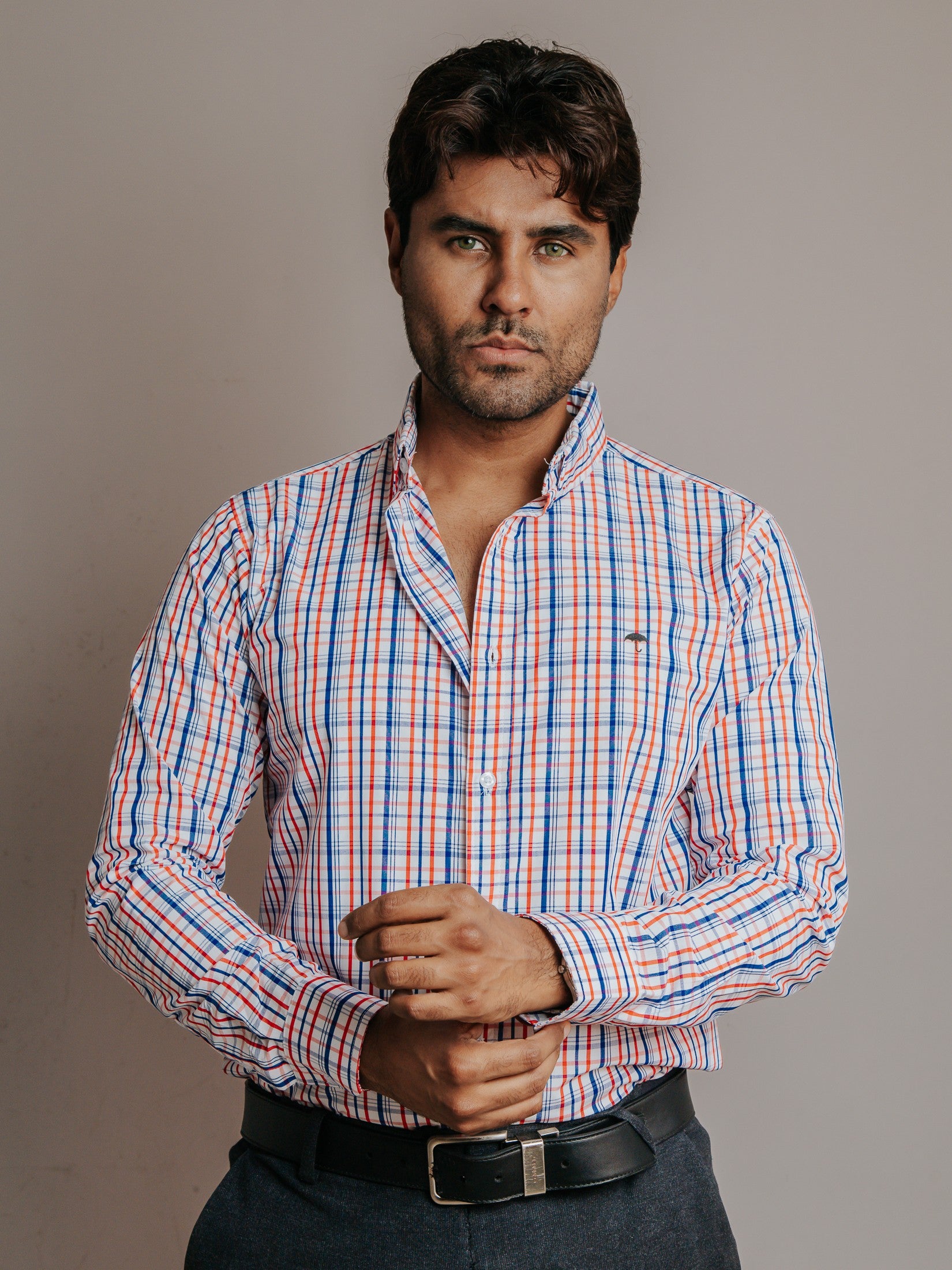 Camisa Hombre Casual Líneas Azul y Rojo
