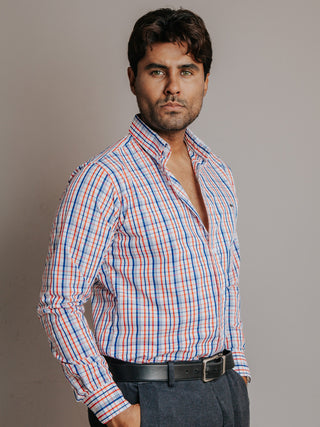 Camisa Hombre Casual Líneas Azul y Rojo