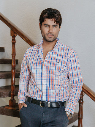 Camisa Hombre Casual Líneas Azul y Rojo