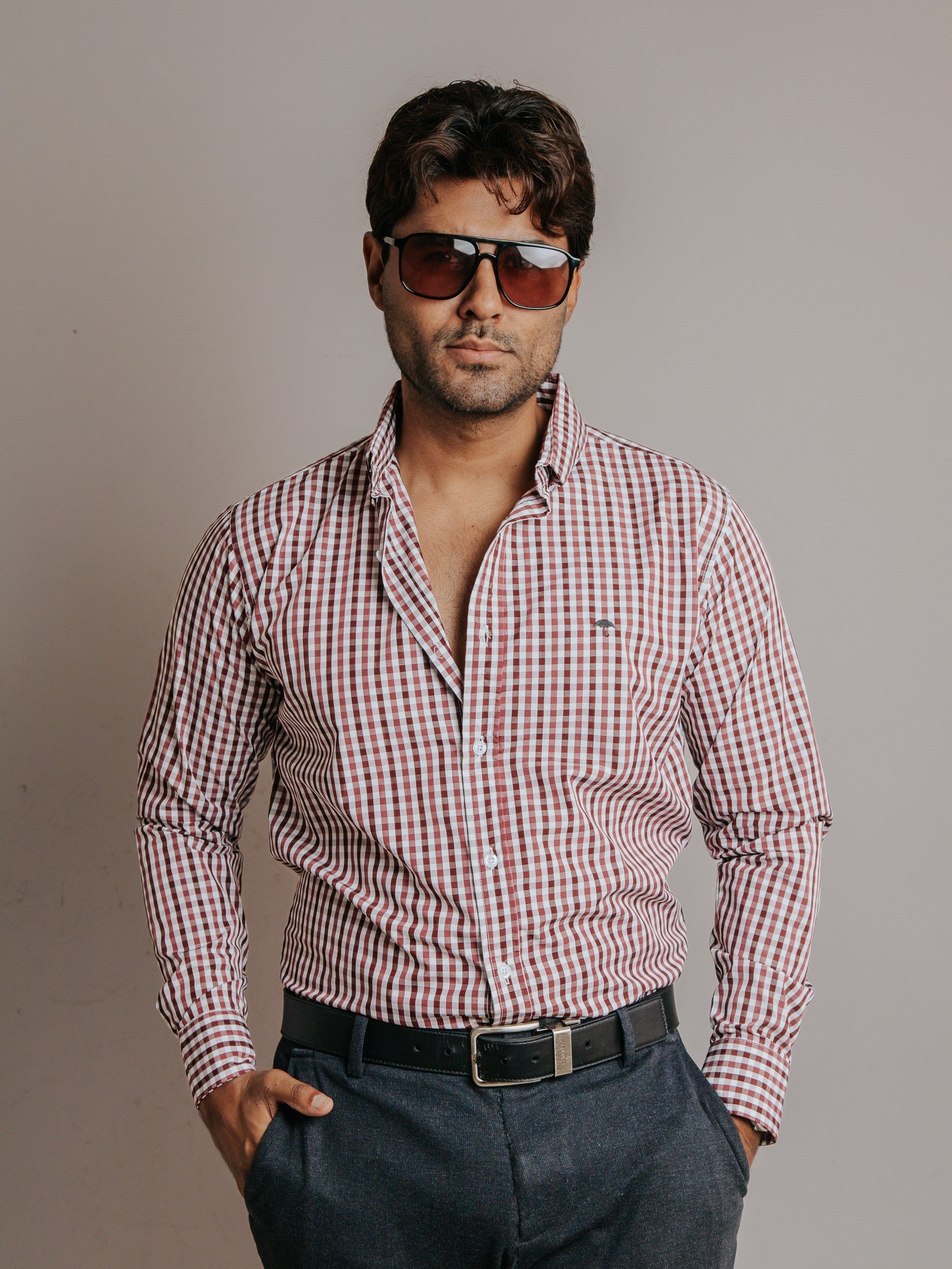 Camisa Hombre Casual Cuadros Vino