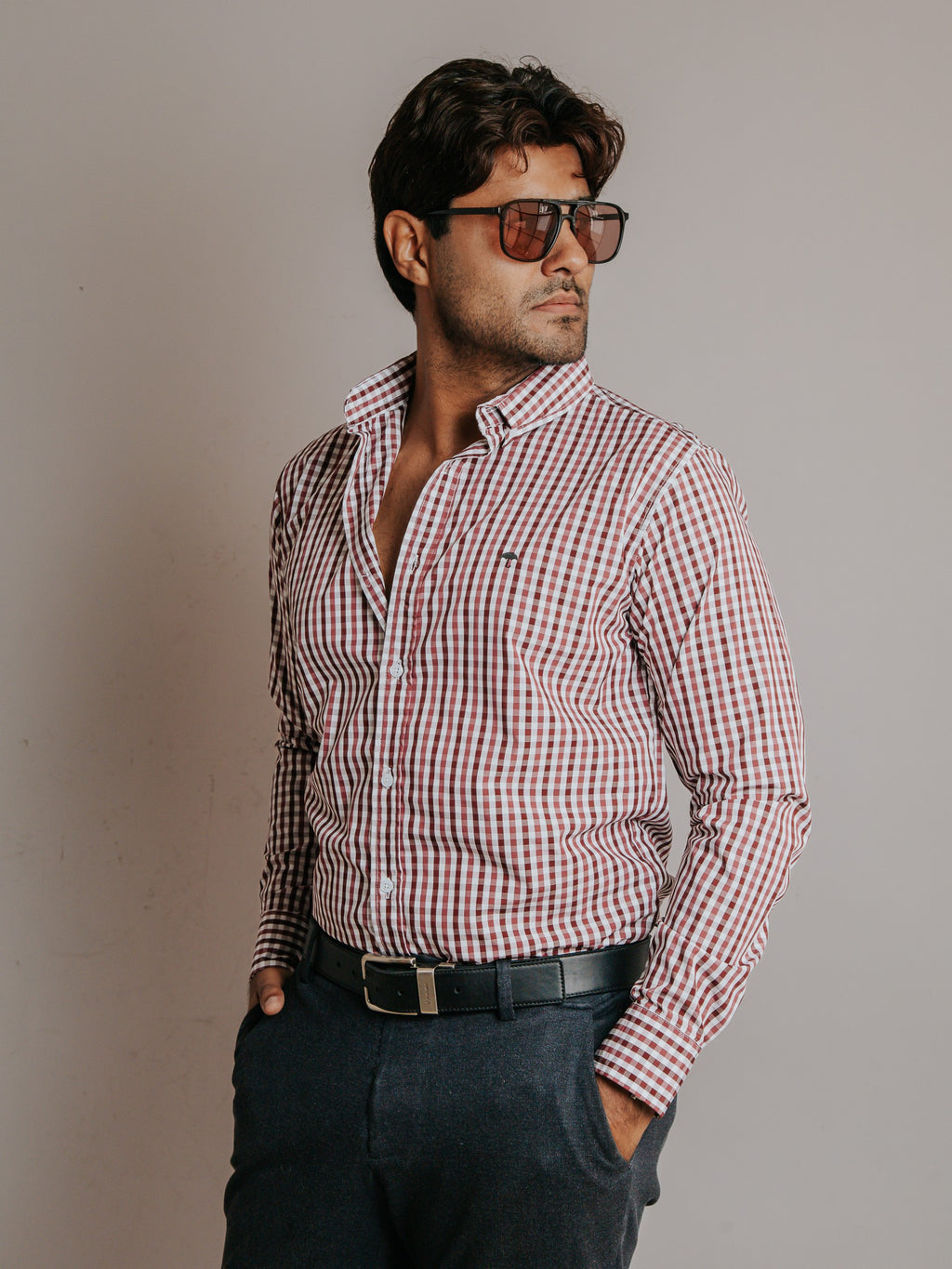 Camisa Hombre Casual Cuadros Vino