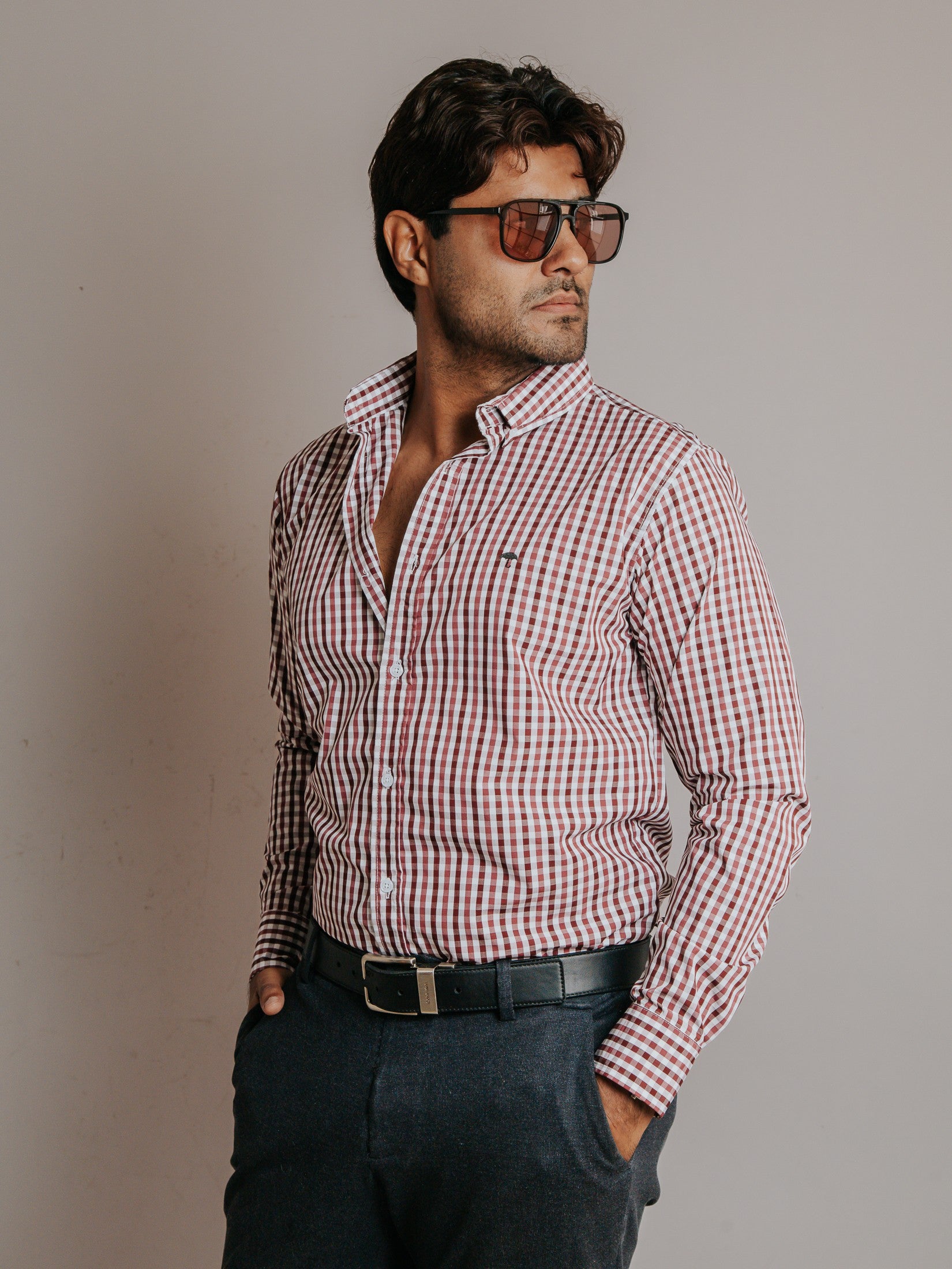 Camisa Hombre Casual Cuadros Vino