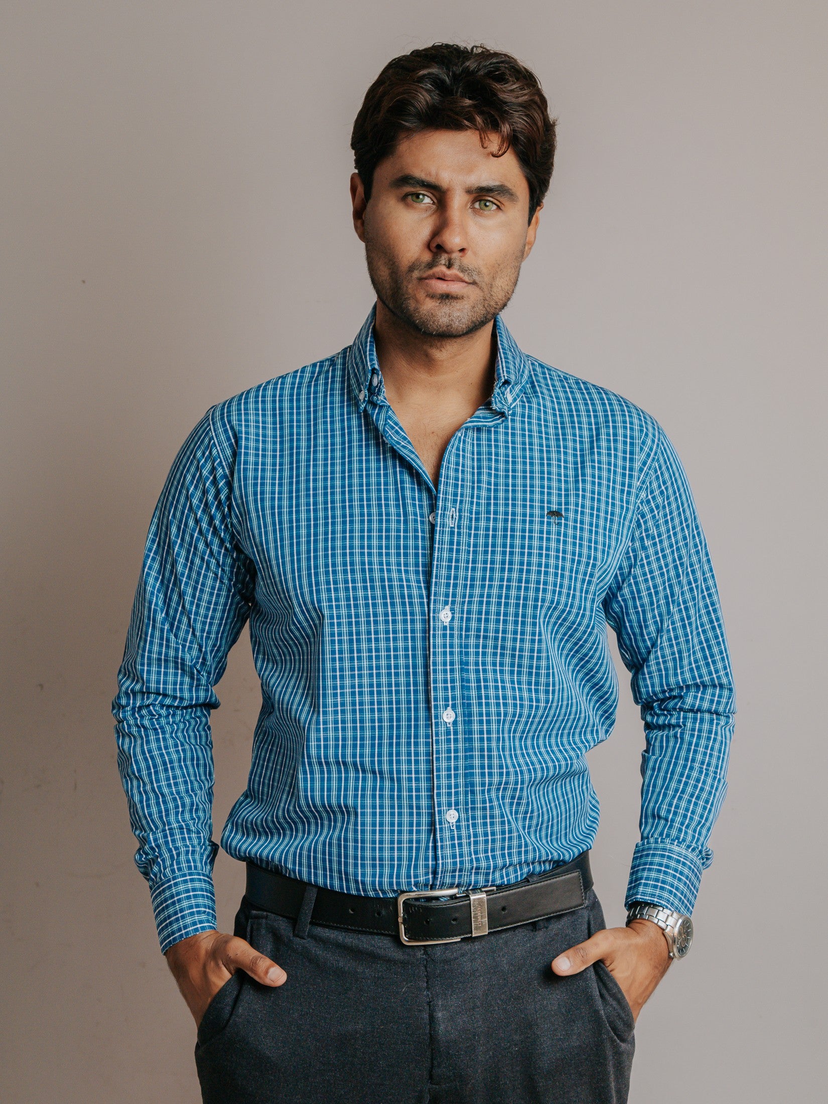 Camisa Hombre Casual Minicuadro Rojo Azul Turquesa y Blanco