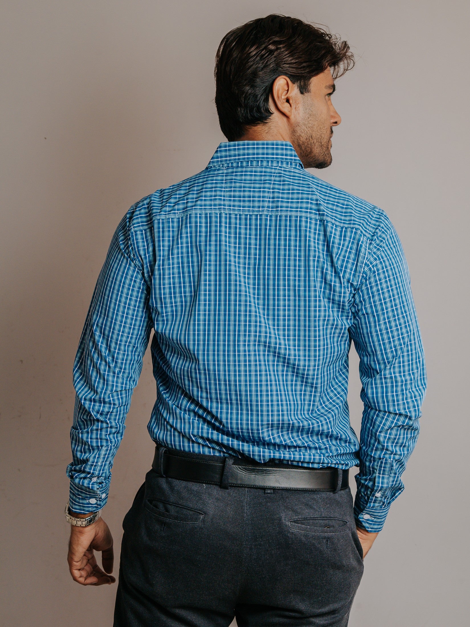Camisa Hombre Casual Minicuadro Rojo Azul Turquesa y Blanco