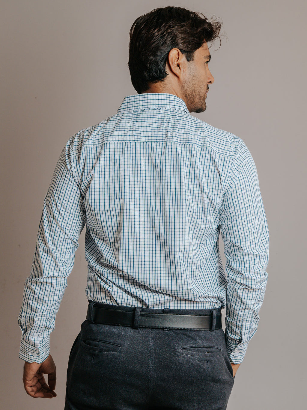 Camisa Hombre Casual Minicuadros Verde Olivo y Gris