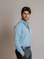 Camisa Hombre Casual Minicuadros Azul Grisáceo