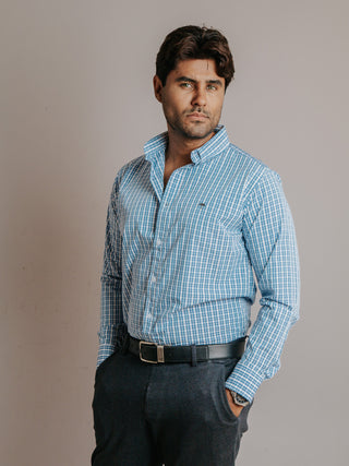 Camisa Hombre Casual Minicuadros Azul Grisáceo