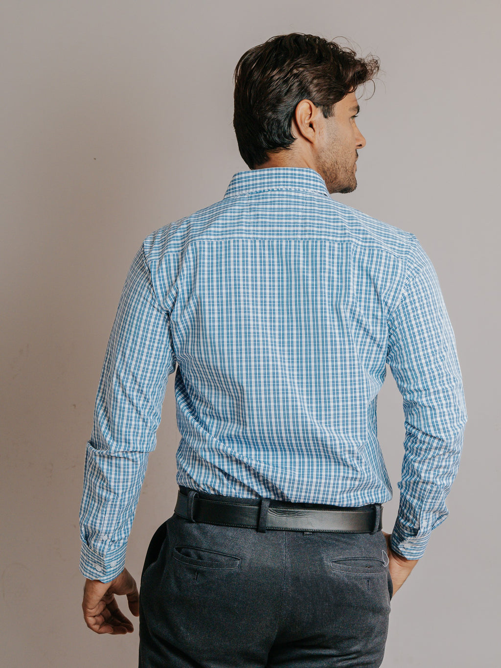 Camisa Hombre Casual Minicuadros Azul Grisáceo