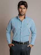 Camisa Hombre Casual Minicuadros Azul Grisáceo