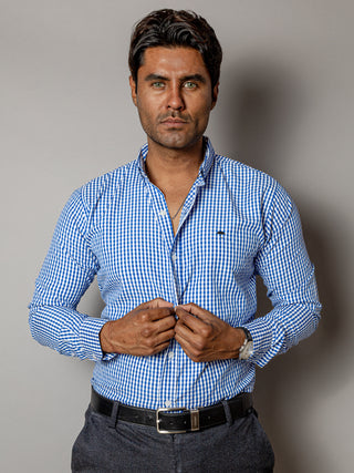 Camisa Hombre Casual Regular Fit Cuadros Chicos Marino, Blancos