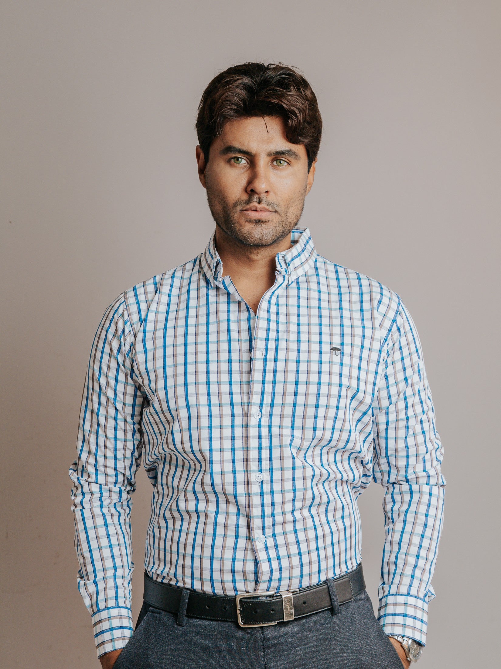 Camisa Hombre Casual Líneas Azul Cielo Café y Gris