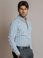 Camisa Hombre Casual Líneas Azul Cielo Café y Gris