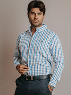 Camisa Hombre Casual Líneas Azul Cielo Café y Gris