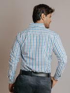 Camisa Hombre Casual Líneas Azul Cielo Café y Gris