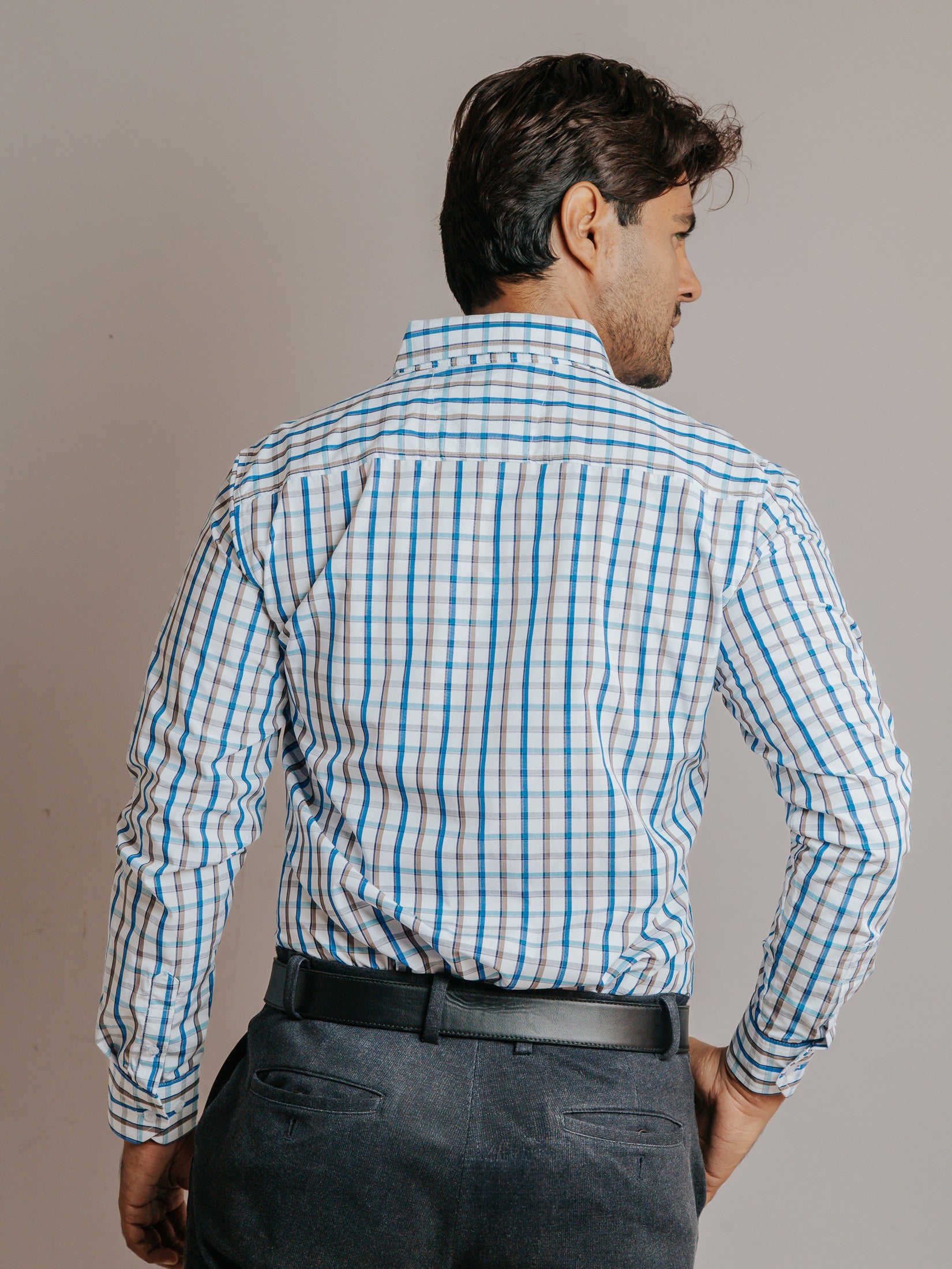 Camisa Hombre Casual Líneas Azul Cielo Café y Gris