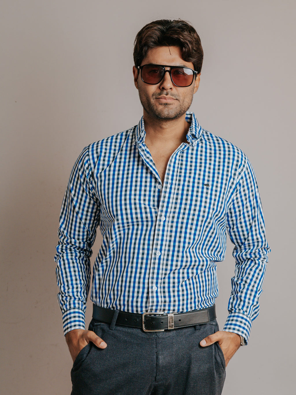 Camisa Hombre Casual Cuadro Azul Rey y Negro