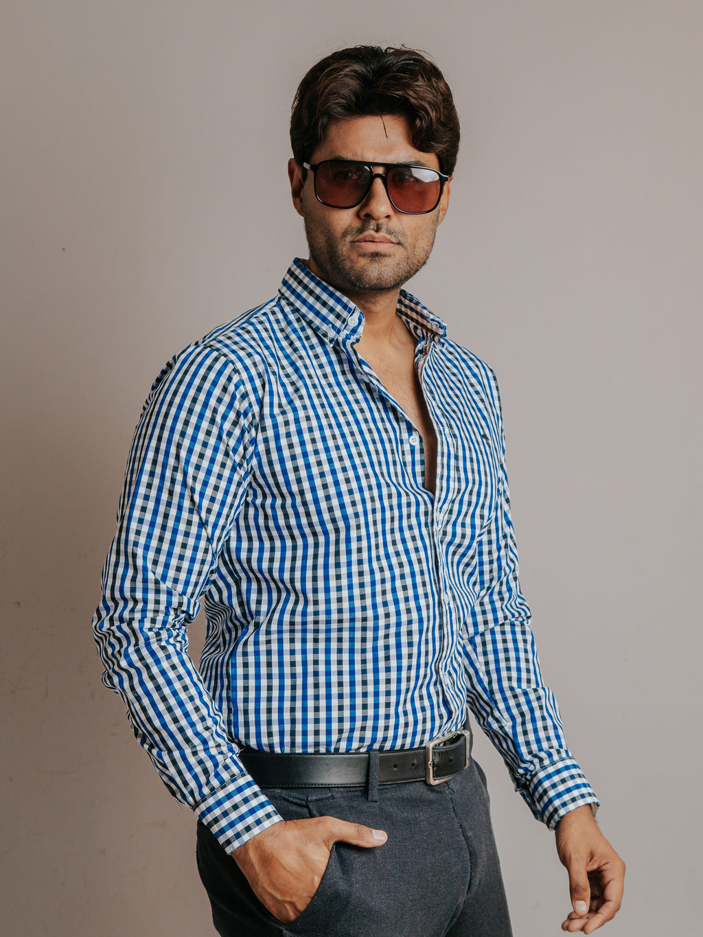 Camisa Hombre Casual Cuadro Azul Rey y Negro