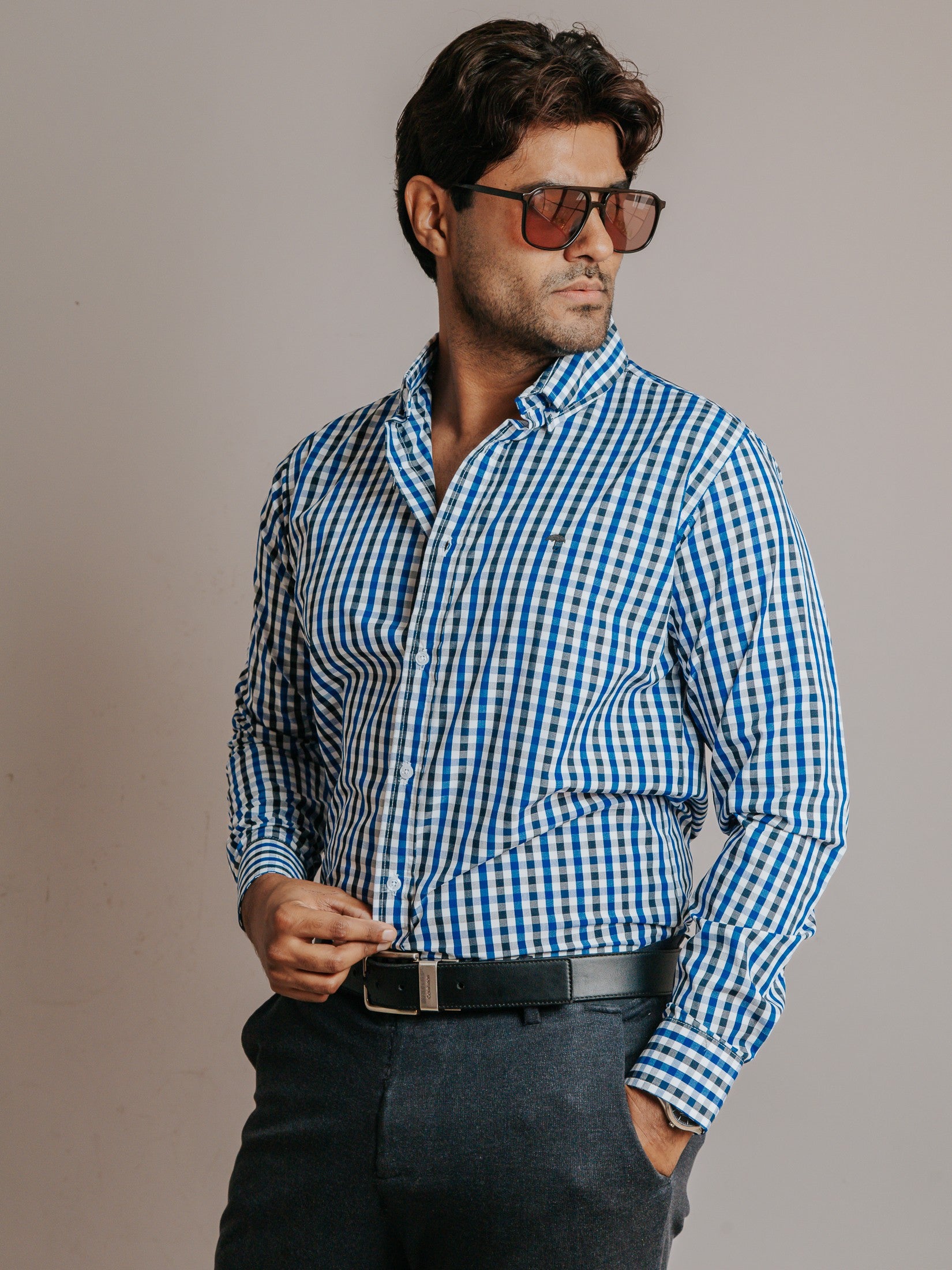 Camisa Hombre Casual Cuadro Azul Rey y Negro