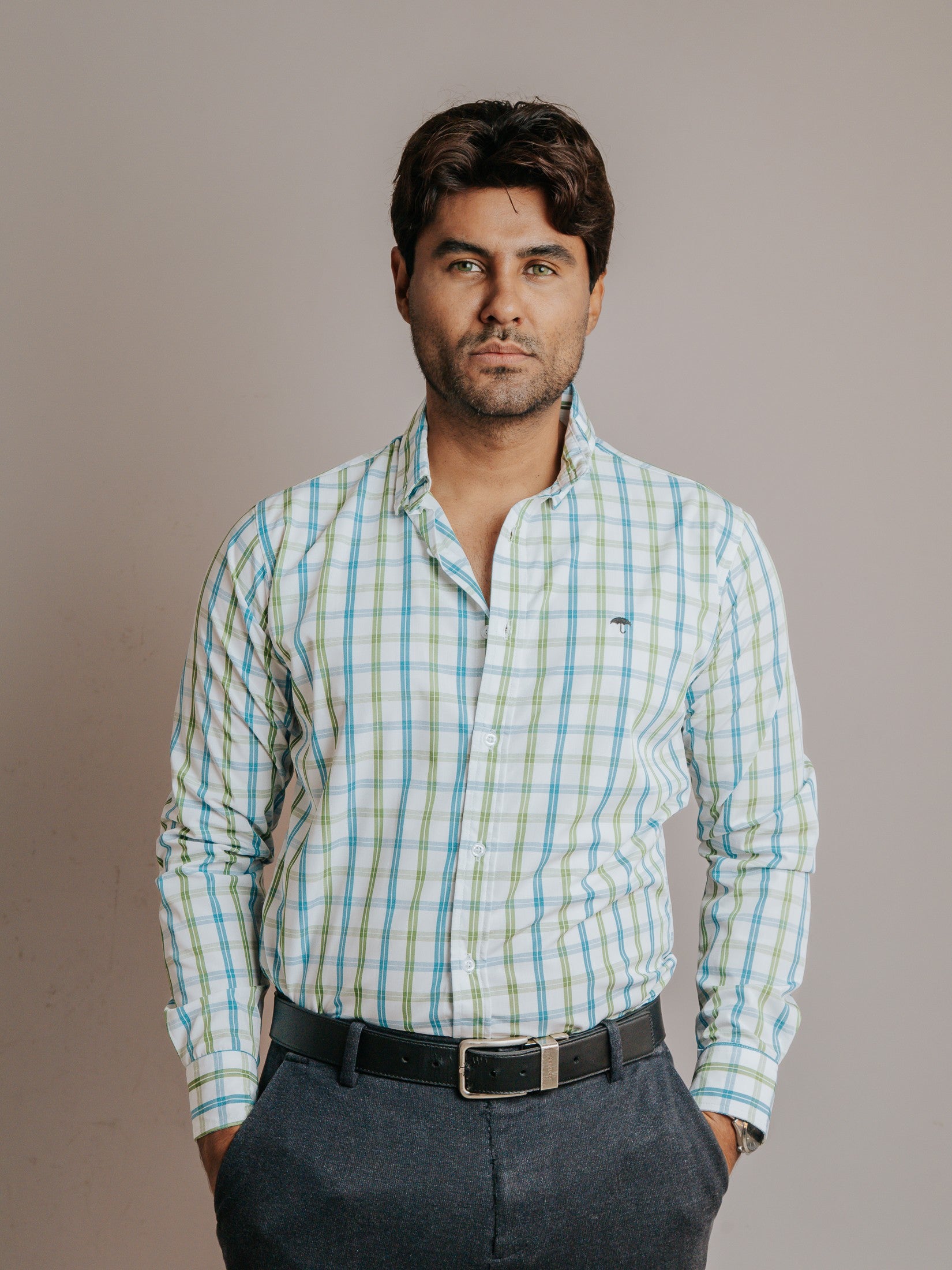 Camisa Hombre Casual Líneas Azul Cielo y Verde