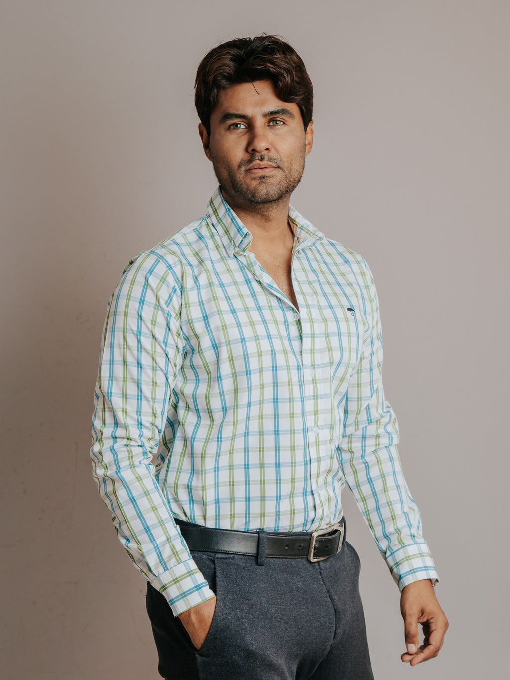 Camisa Hombre Casual Líneas Azul Cielo y Verde