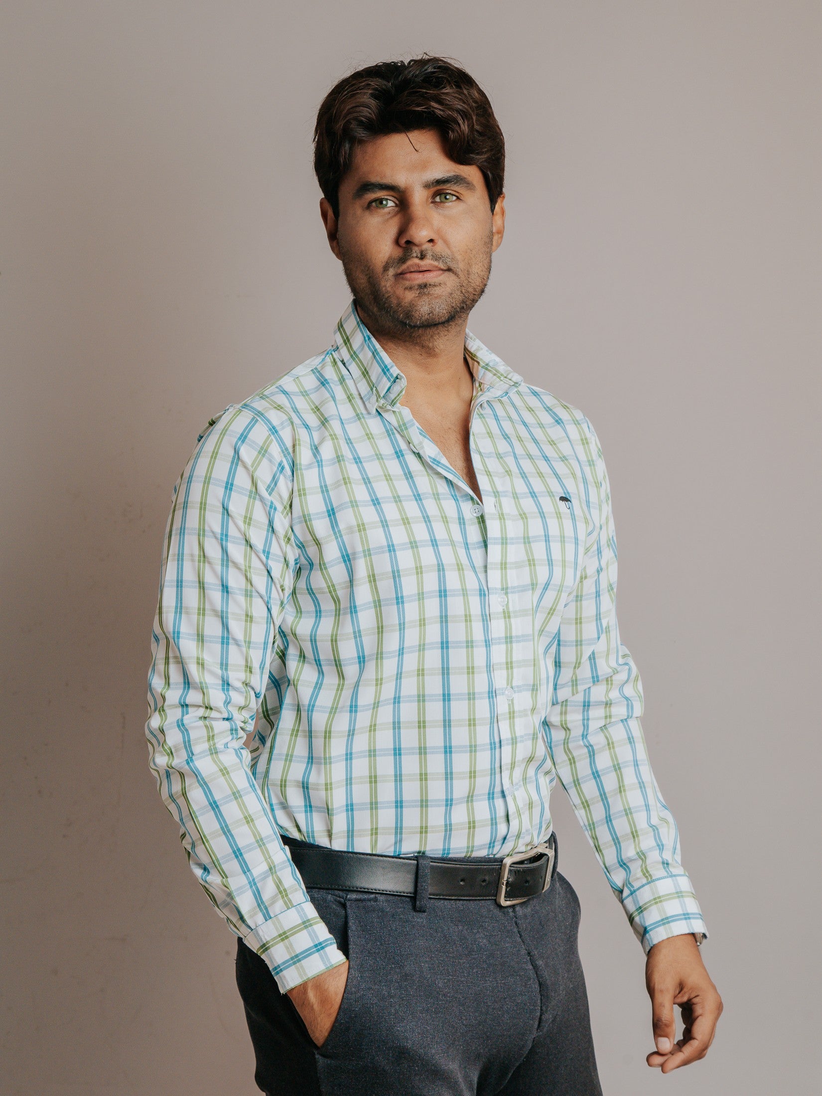 Camisa Hombre Casual Líneas Azul Cielo y Verde