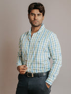 Camisa Hombre Casual Líneas Azul Cielo y Verde