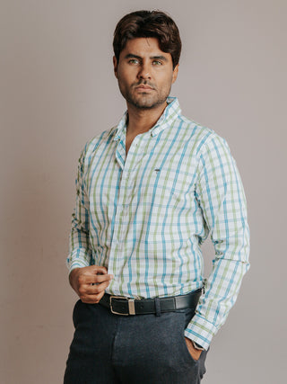Camisa Hombre Casual Líneas Azul Cielo y Verde