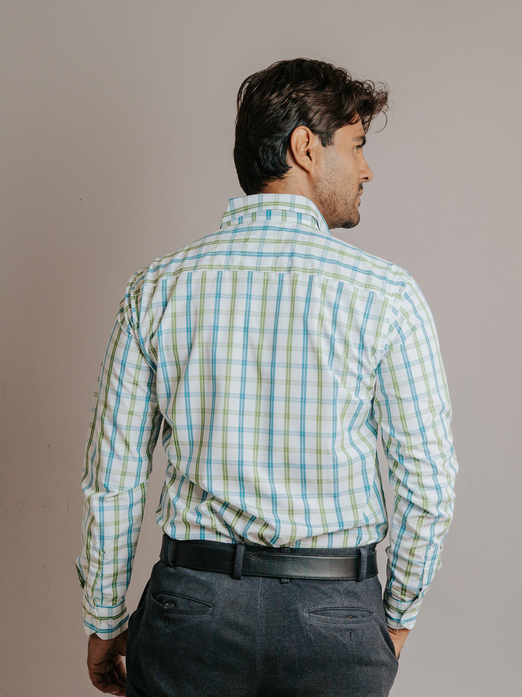 Camisa Hombre Casual Líneas Azul Cielo y Verde
