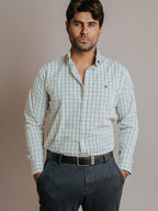Camisa Hombre Casual Minicuadros Azul Cielo Negro y Amarillo