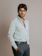 Camisa Hombre Casual Minicuadros Azul Cielo Negro y Amarillo