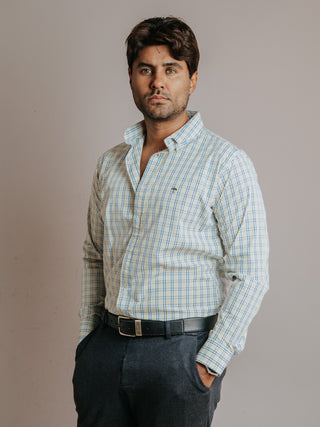 Camisa Hombre Casual Minicuadros Azul Cielo Negro y Amarillo