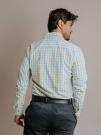 Camisa Hombre Casual Minicuadros Azul Cielo Negro y Amarillo